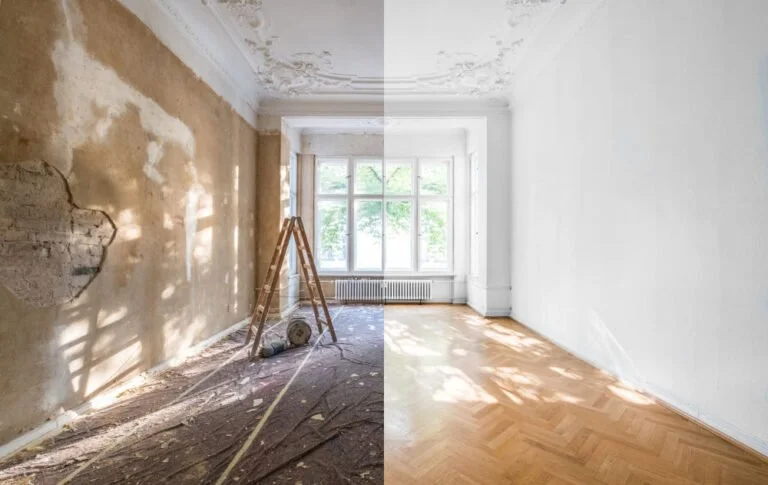 Une pièce de maison avec un effet d'un côté non rénové et de l'autre côté rénové