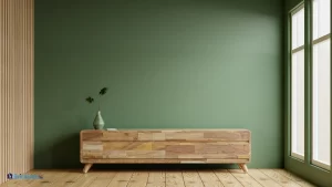 Un salon avec un mur de couleur et un meuble de TV en bois.
