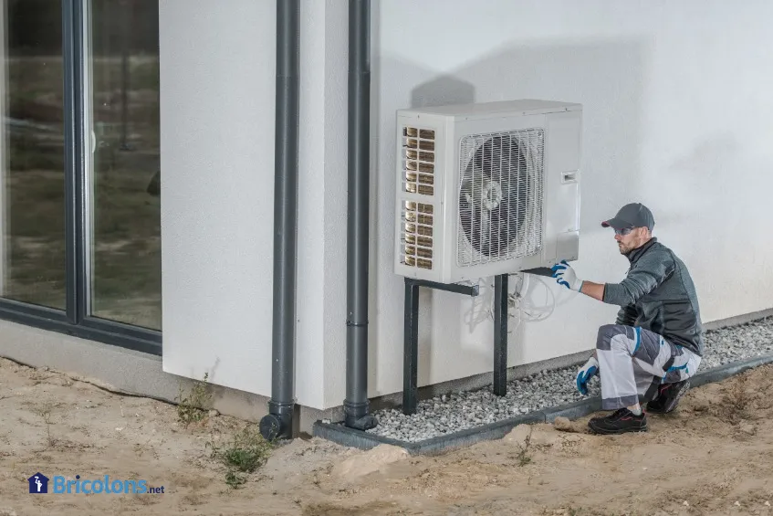 Un technicien installant une thermopompe à l'extérieur d'une maison.