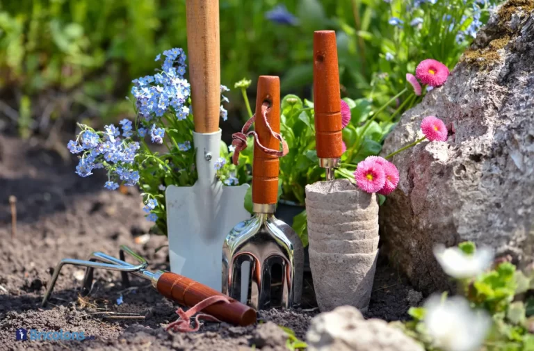Outils de jardinage et fleurs de printemps dans le jardin.