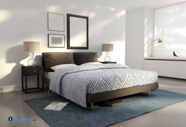 Une chambre moderne avec des cadres sur les murs.